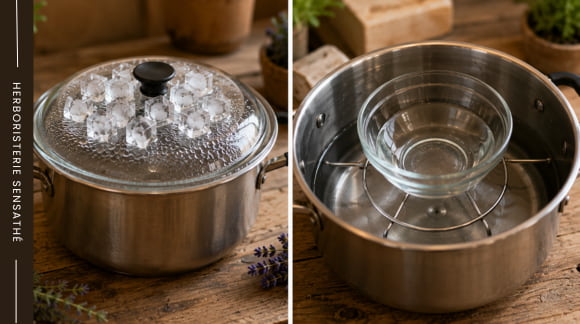 Préparation d'un hydrolat maison avec casserole, bol en verre et couvercle retourné recouvert de glaçons - Herboristerie Sensathé Préparation d'un hydrolat maison avec casserole, bol en verre et couvercle retourné recouvert de glaçons - Herboristerie Sensathé